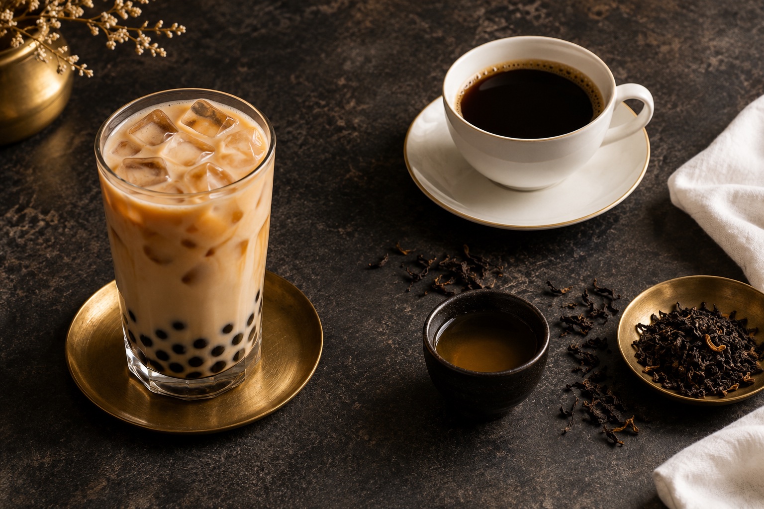 Illustrative overhead coffee and milk tea still life, not actual Corner Cafe offerings